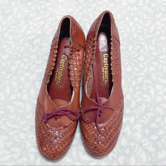 Vintage Woven Wedges 70s Captivators Brown Leather Tie Oxford Heels - Picture 2 of 12